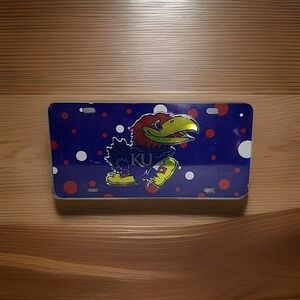 KU UNIVERSITY OF KANSAS Blue/red/white Polka Dot Mirrored Jayhawk License Plate
